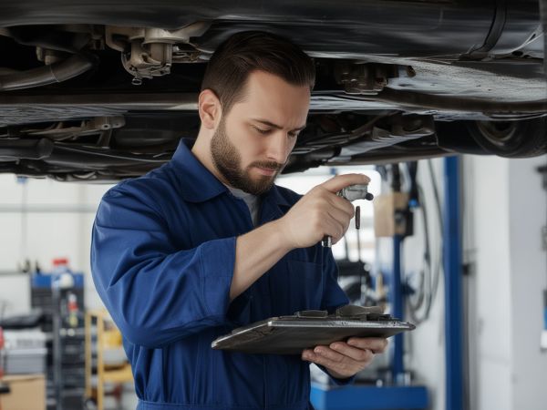 Professional mechanic performing brake fluid service in automotive workshop