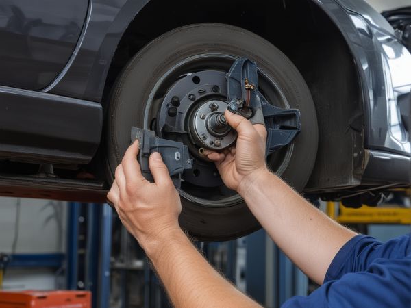 Professional brake pad replacement process showing expert technician at work
