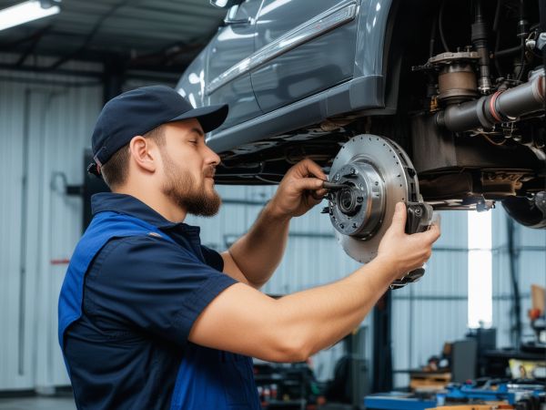 Professional mechanic working on brake system in modern automotive workshop